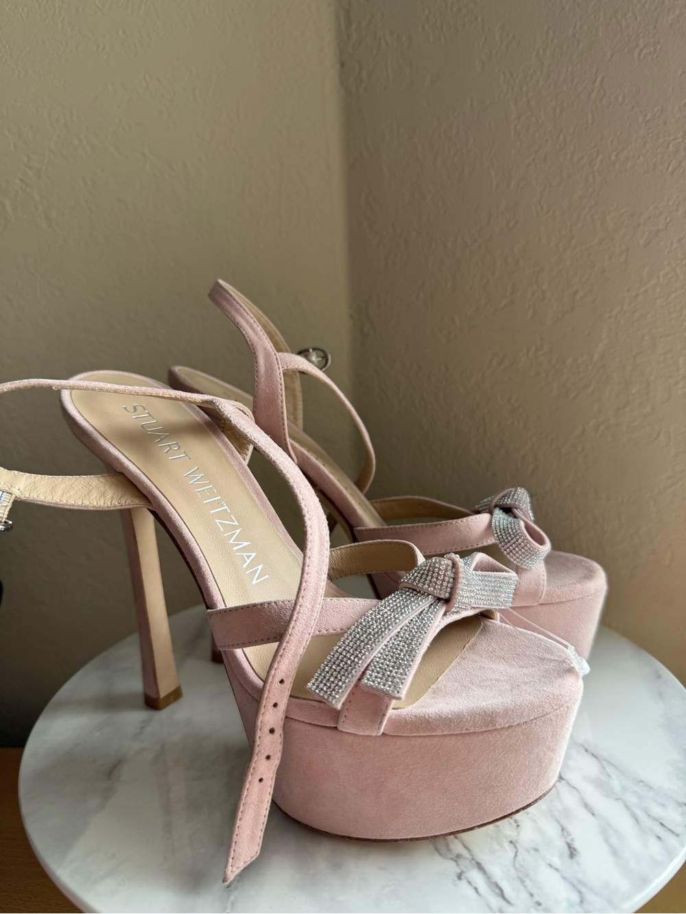 Stuart Weitzman Mega Bow Platform Heels Sandals crystal Pink suede Size 7 - Picture 11 of 16